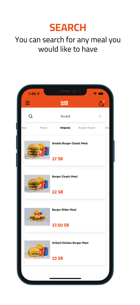 Shawarma Classic mobile app search interface showing a list of burger meals with prices