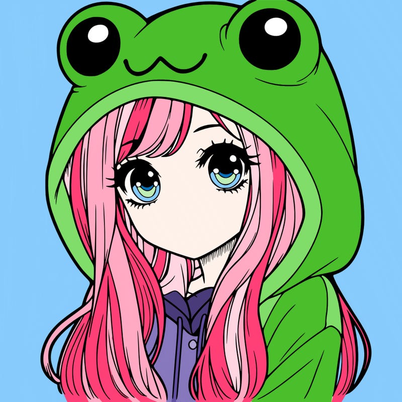 a pretty girl wearing a frog hoodie portrait with long hair