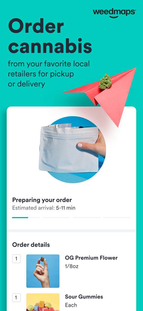 Weedmaps: Buy Local Weed - Weedmaps mobile app showing real-time cannabis order tracking with estimated delivery time and list of items like flower and gummies