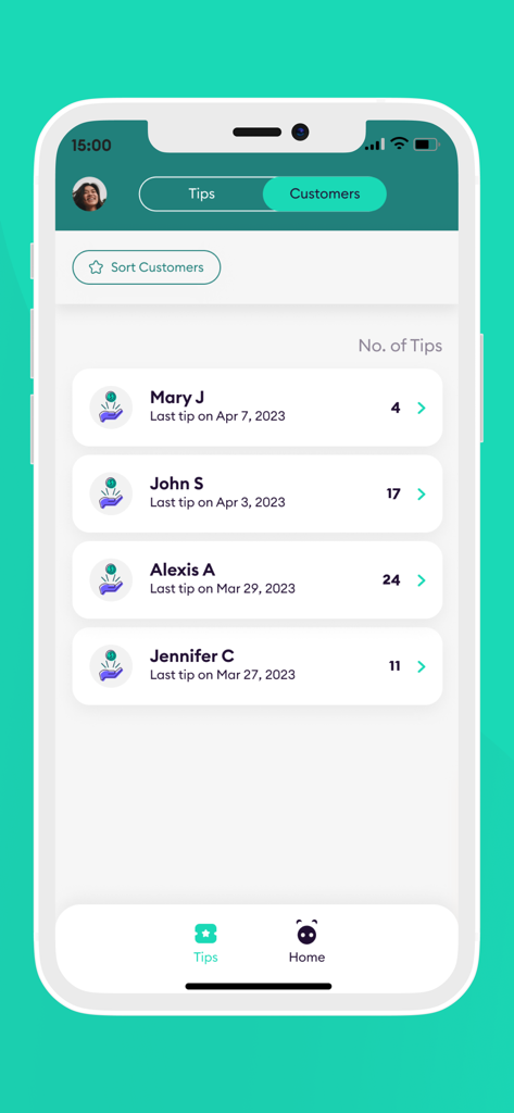 Tippy: Cashless Tip Solutions - Interface of Tippy app showing a list of customers with their total number of tips and last tip date