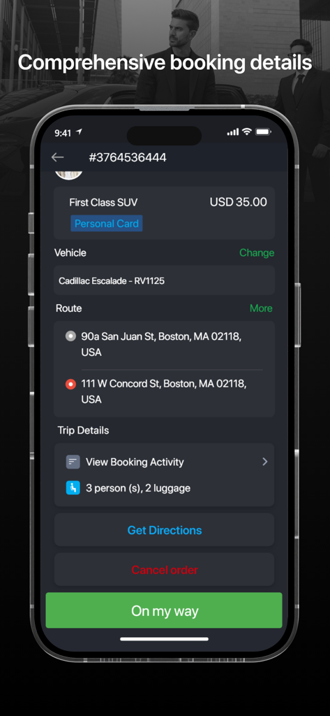 LIMO - Driver App - Screenshot of the LIMO Driver App showing comprehensive booking details for a professional chauffeur