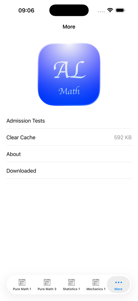 AlevelMath - El menú 'más' de la aplicación AlevelMath que muestra pruebas de admisión y la configuración de la aplicación.