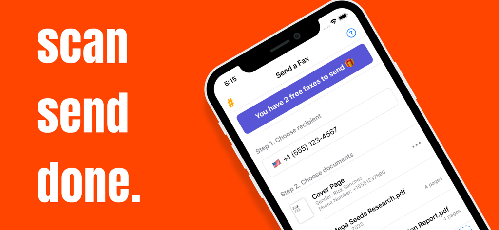 iPhone screen showing the Send a Fax interface of the #FAX app with 2 free faxes available