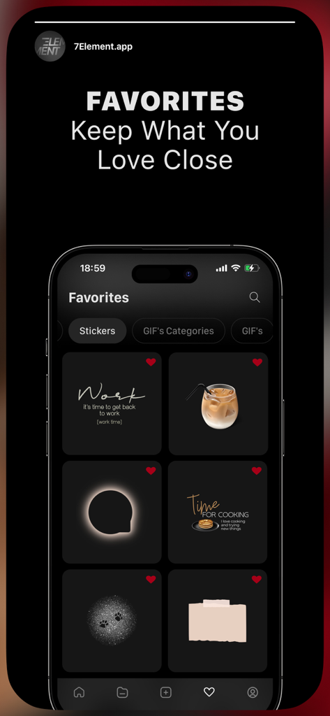 7Element: Fonts, Stickers, Sub - A mobile app screen showing a collection of favorited aesthetic stickers and GIFs for social media content creation.