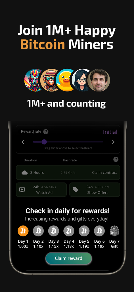 Mobile App-Oberfläche von Bitcoin Mining mit täglichen Check-in-Belohnungen und einem Meilenstein von über 1 Million Nutzern.