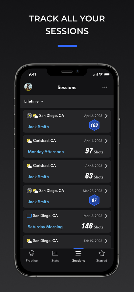 Full Swing - Full Swing Mobile App Oberfläche mit einer Liste aufgezeichneter Golf-Trainingseinheiten mit Schlaganzahl und Daten