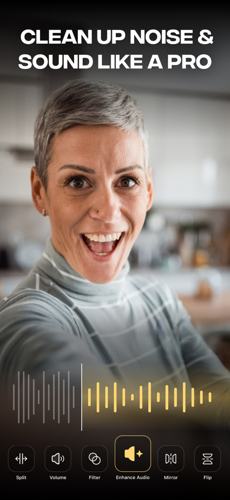 Verba 앱 인터페이스가 동영상 노이즈를 정리하는 오디오 향상 기능을 보여줌