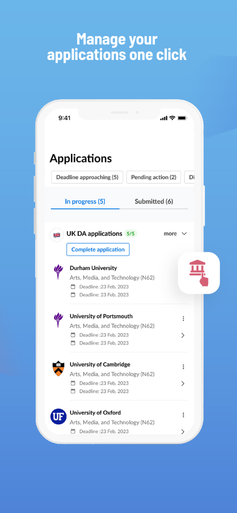 Cialfo - Écran mobile affichant les statuts et les dates limites des candidatures universitaires dans l'application Cialfo