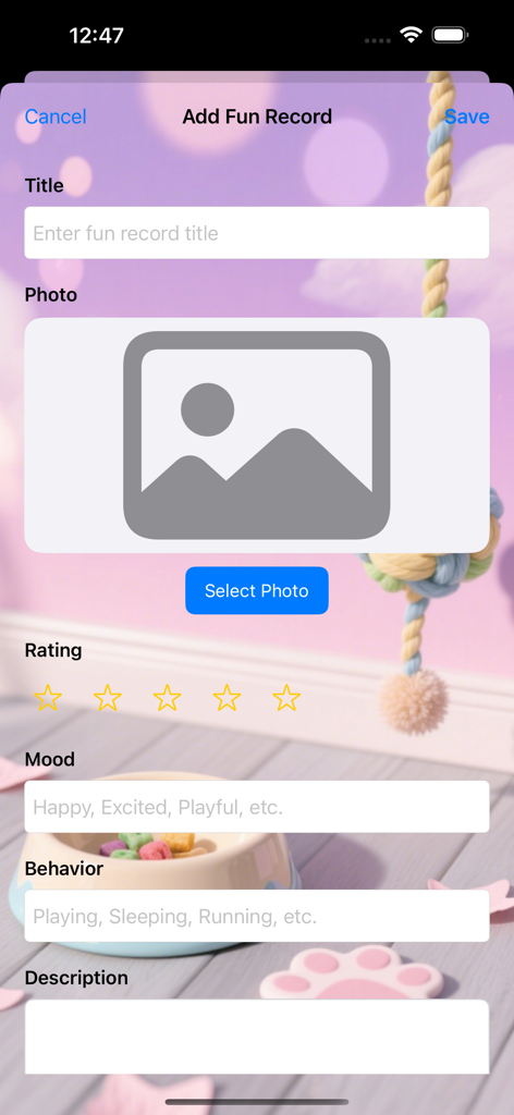 CutePenot - Add Fun Record interface in CutePenot app with options to upload a photo and record pet mood and behavior