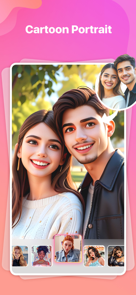 Ms Yvonne app cartoon portrait feature showing a couple transformed into an AI generated animation style