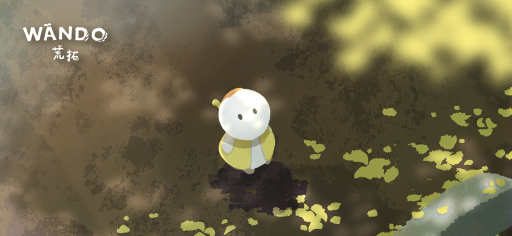 Wando - Personaje Kgoro de Wando, dibujado a mano, de pie entre hojas de ginkgo.