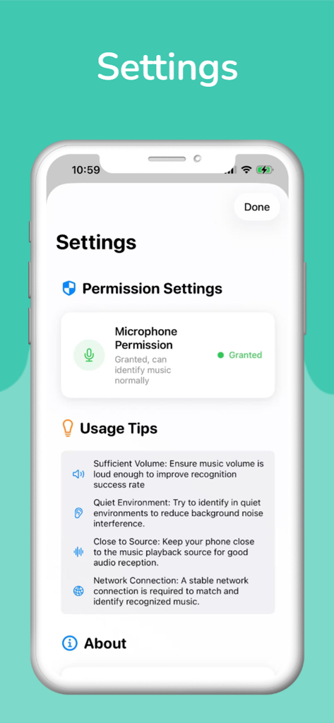 SongDetect - Music Recognition - A interface de configurações do aplicativo de reconhecimento de música SongDetect mostrando o acesso ao microfone e dicas de uso.