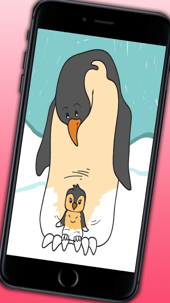 Educational Coloring book - Connect the dots then paint the drawings with magic marker - Una aplicación de libro de colorear para niños en la pantalla de un smartphone que muestra el dibujo de una madre pingüino y su cría.
