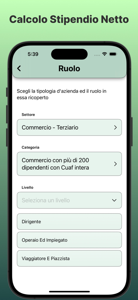 Schermata dell'app mobile per la selezione del settore e della categoria lavorativa al fine di calcolare lo stipendio netto in Italia