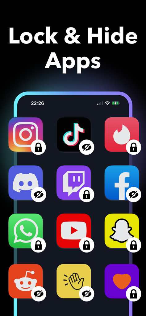AppLocker - Lock Apps - A smartphone screen displaying several app icons like TikTok and Instagram with lock and hide symbols overlaid on them.