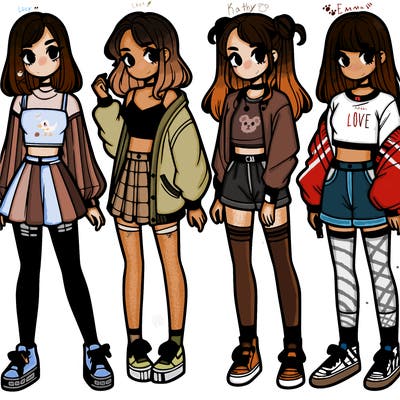 one girl with crop-top shirt and a jacket with a skirt, long socks and another girl with a shirt and pants with a jacket