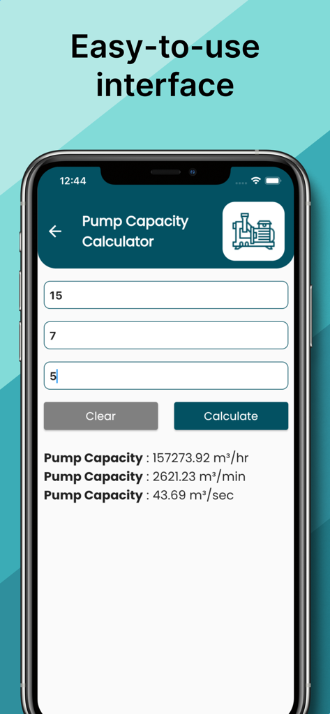 Interfaz de la Calculadora de Capacidad de Bomba que muestra campos de entrada y resultados de cálculo en metros cúbicos por hora