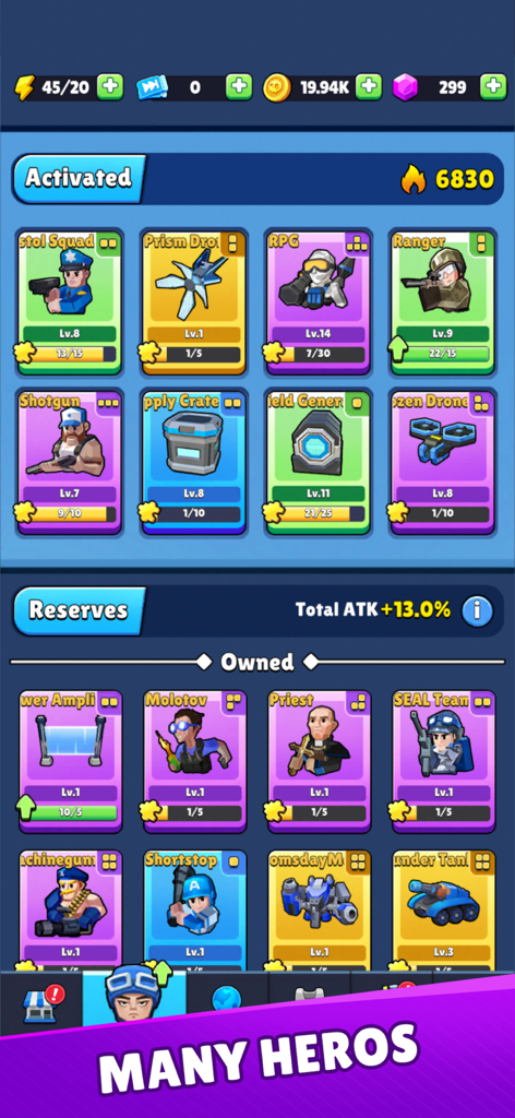 Undead Siege - Character selection screen in Undead Siege showing activated and reserve heroes