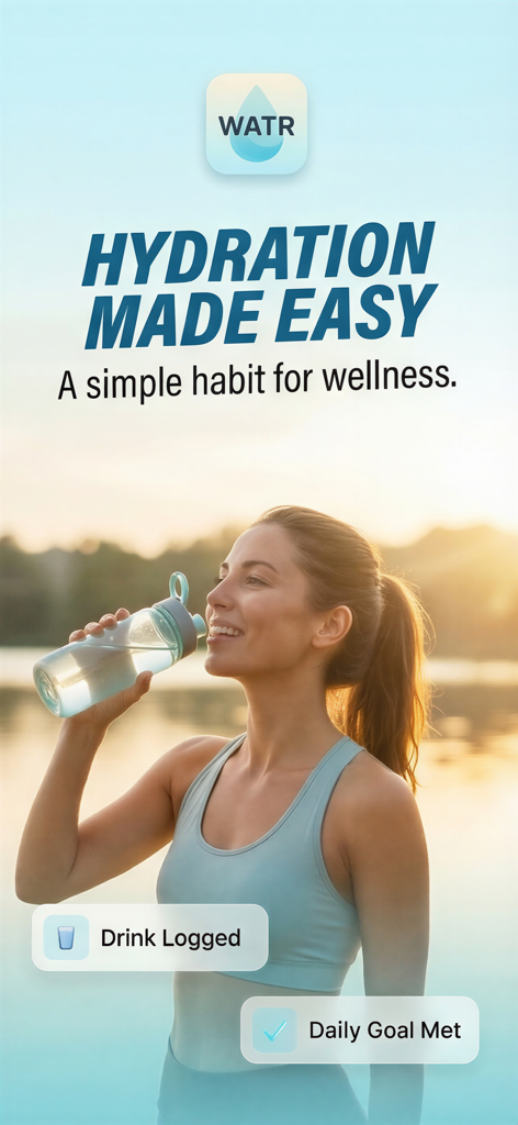 Water reminder & intake - WATR - Una mujer bebiendo agua de una botella con el logo de la aplicación WATR y el texto "Hydration Made Easy" (Hidratación Fácil).