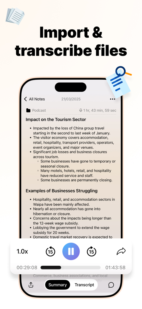 AI Note Taker: Voice & Video - AI Note Taker app interface showing a summarized podcast transcription with playback controls on a smartphone