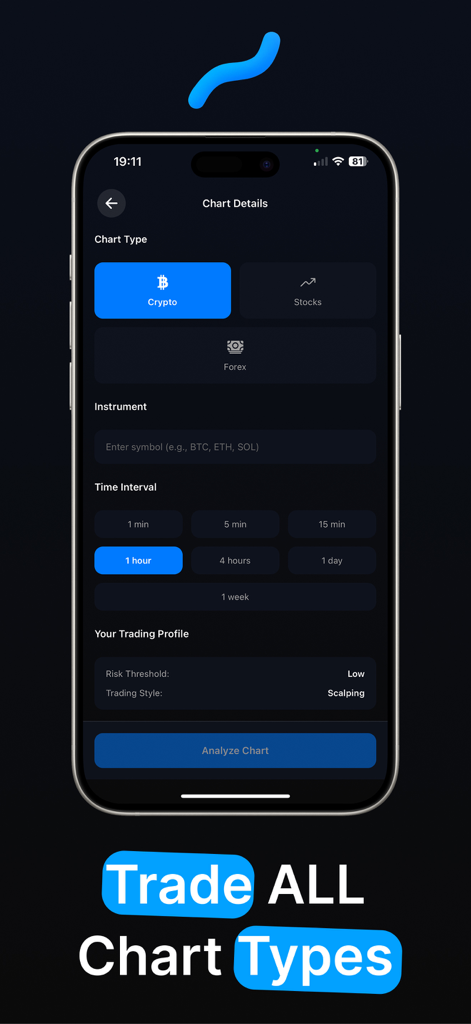 Chart AI – Trading Scanner - Chart AI app screen showing chart type selection for crypto stocks and forex analysis