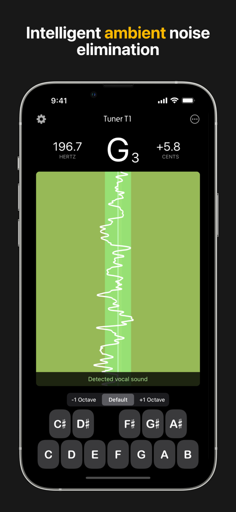Tuner T1 Pro chromatic tuner app interface showing intelligent ambient noise elimination and frequency detection.