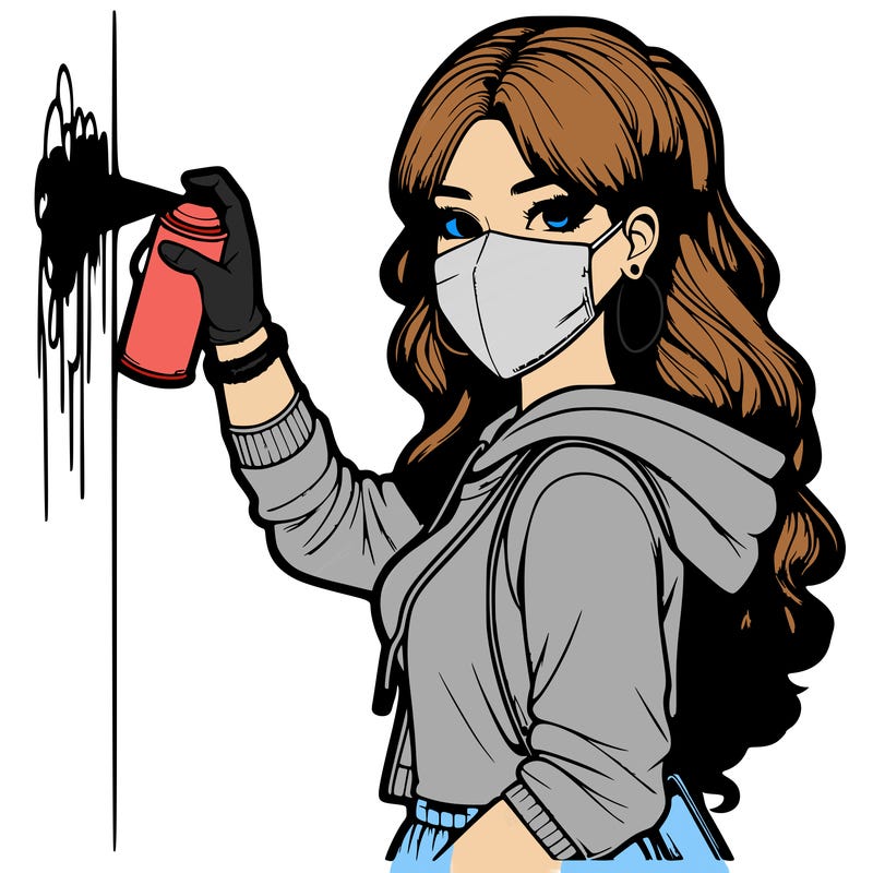 realistic girl with mask spray painting a wall