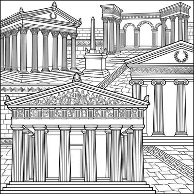 Step back in time with this intricate coloring page featuring the awe-inspiring architecture of Ancient Greek Temples. Explore a landscape rich with Doric, Ionic, and Corinthian columns, detailed pediments, and classic Greek motifs, perfect for history enthusiasts and aspiring artists.