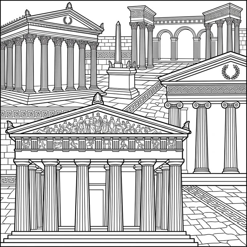 Step back in time with this intricate coloring page featuring the awe-inspiring architecture of Ancient Greek Temples. Explore a landscape rich with Doric, Ionic, and Corinthian columns, detailed pediments, and classic Greek motifs, perfect for history enthusiasts and aspiring artists.