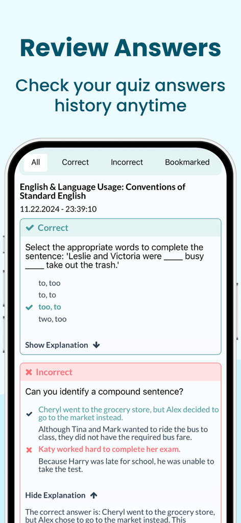 ATI TEAS EXAM PREP | 2026 - Interface of ATI TEAS prep app showing quiz review with detailed explanations for correct and incorrect answers