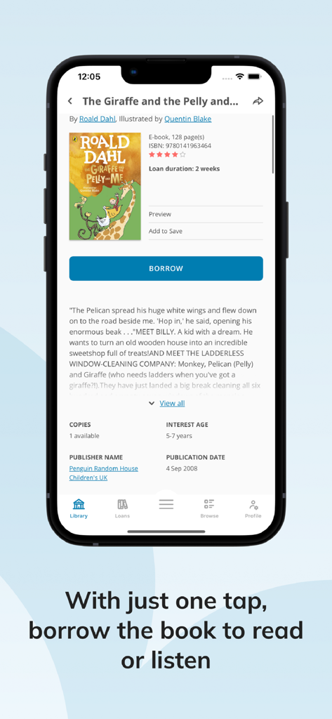 Eine mobile Ansicht zeigt die ePlatform App-Oberfläche zum Ausleihen eines Roald Dahl E-Books mit einem blauen Ausleih-Button.
