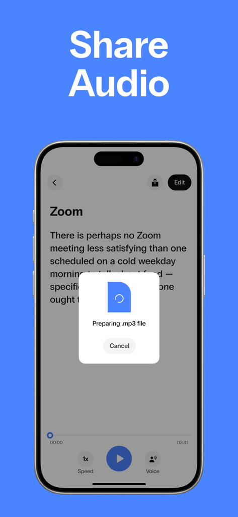 Speak4Me Text to Speech Reader - Speak4Me app interface showing the process of preparing an mp3 audio file from text for sharing.