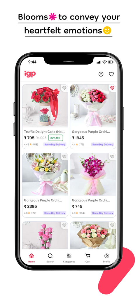 IGP: Gifts, Flowers & Cakes - Écran de smartphone affichant des bouquets de fleurs et des options de cadeaux sur l'application IGP
