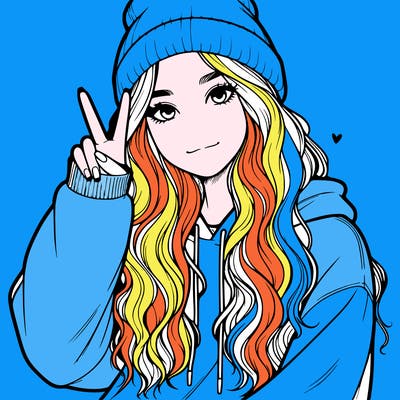 a teenage girl in a beanie, oversized sweatshirt, wavy long hair, and is showing a ✌️