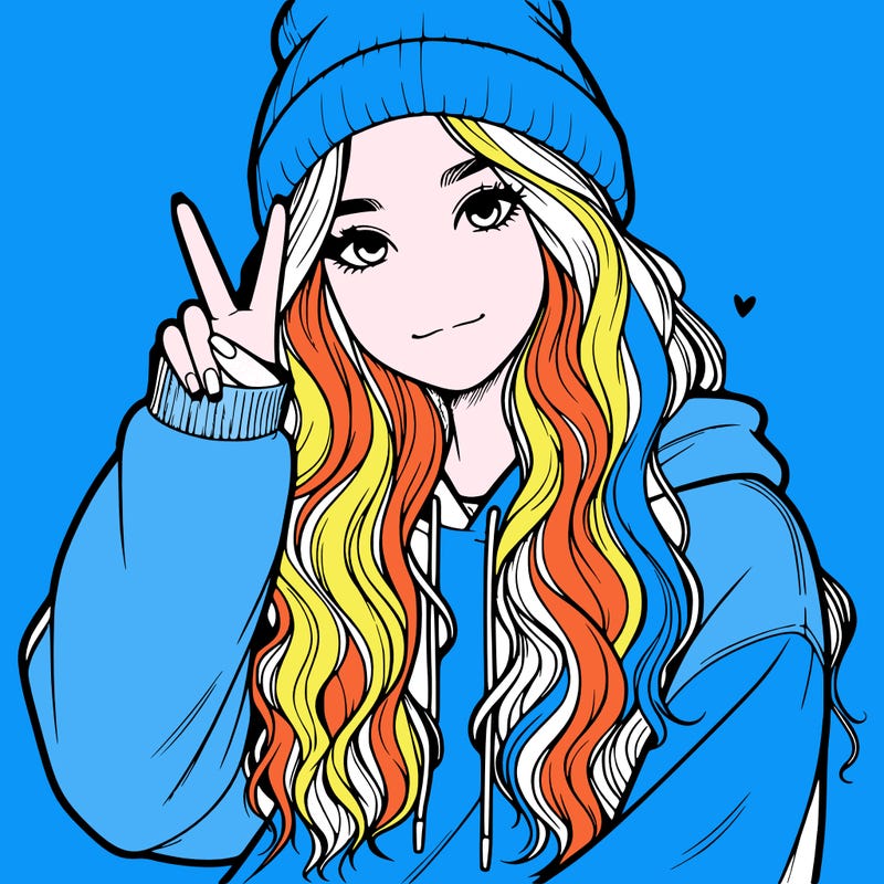 a teenage girl in a beanie, oversized sweatshirt, wavy long hair, and is showing a ✌️