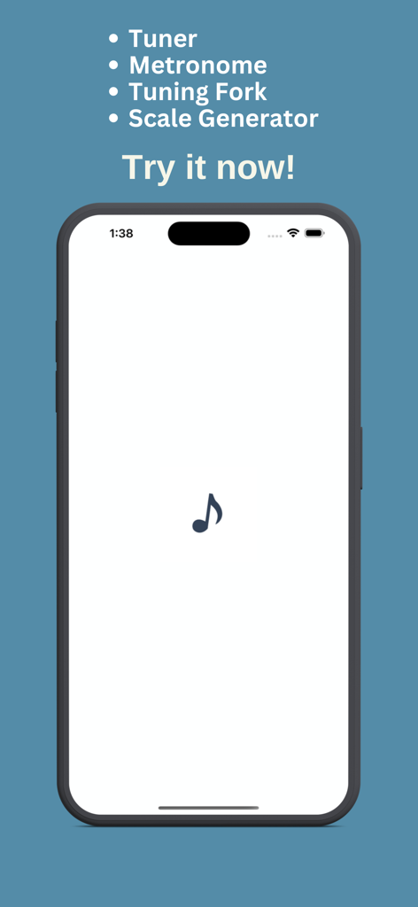 BeatTune - Tuner and Metronome - Interface do aplicativo BeatTune exibindo recursos como Afinador, Metrônomo, Forca de Afinação e Gerador de Escalas