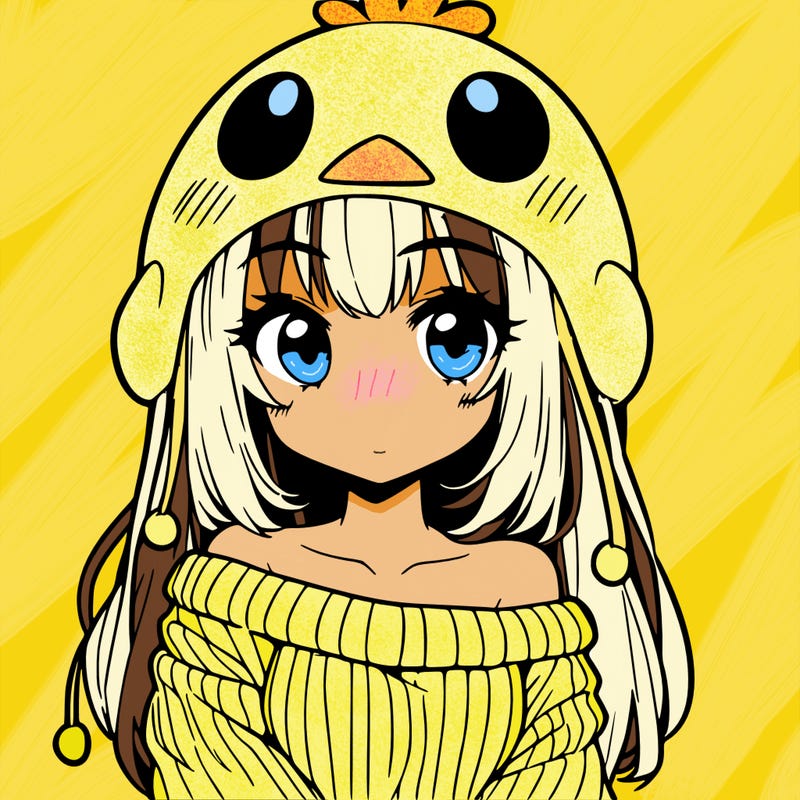 anime girl with chick shaped hat with sweater with bare shoulders with bangs covering them one eye with low tail
