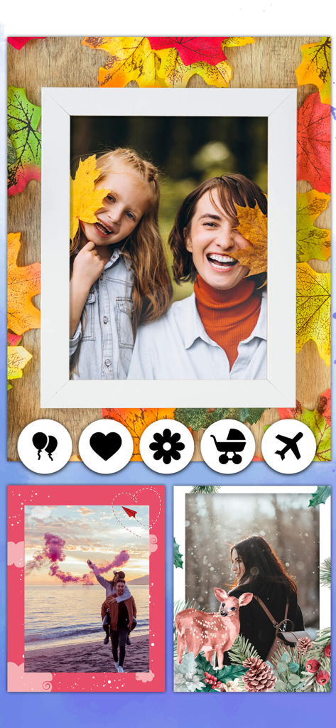 Interface of a photo editing app showing various themed frames for autumn family moments travel and winter memories
