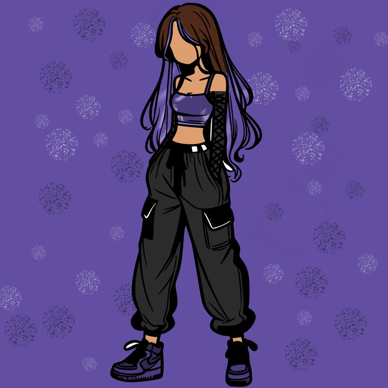 girl in baggy pants crop top and long hair