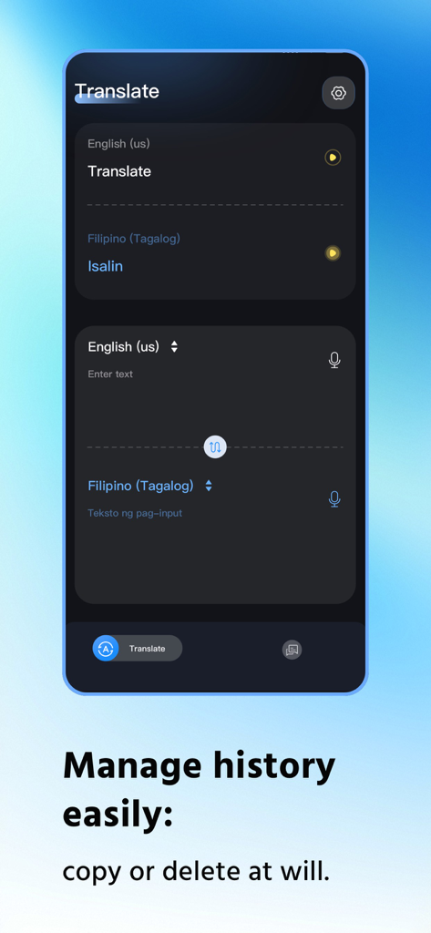LingoView app interface showing translation history and language selection for English and Filipino