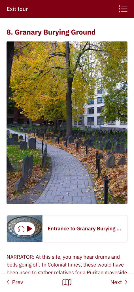 Official Freedom Trail® App - A tour stop in the Official Freedom Trail App for the Granary Burying Ground featuring historical images and an audio guide