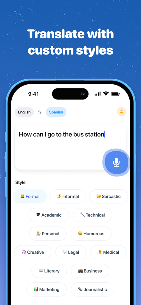 Interfaz de la aplicación Traductor IA Definitivo mostrando estilos de traducción personalizados como tonos formales e informales