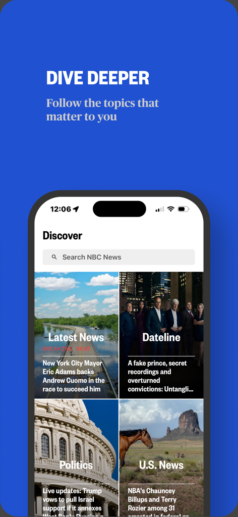 NBC News: Breaking & US News - Pantalla Discover de la aplicación NBC News que muestra varias categorías de noticias como Política y Dateline