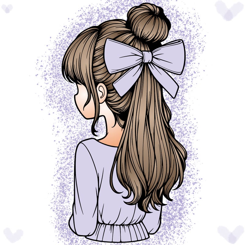 realistic girl  with hip length hair a bun and a big bow on the back of head