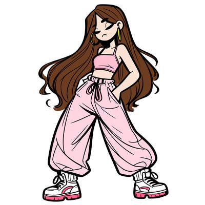 girl in baggy pants crop top and long hair
