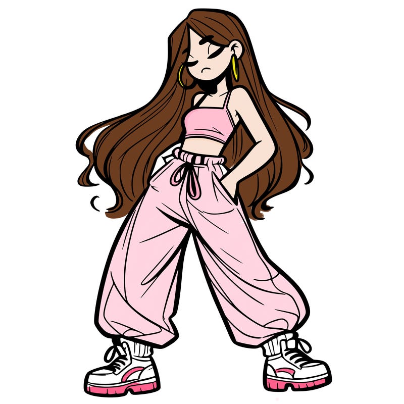 girl in baggy pants crop top and long hair