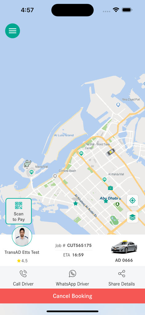 Abu Dhabi Taxi - Abu Dhabi Taxi app interface showing real time taxi tracking on a map with driver details and booking options