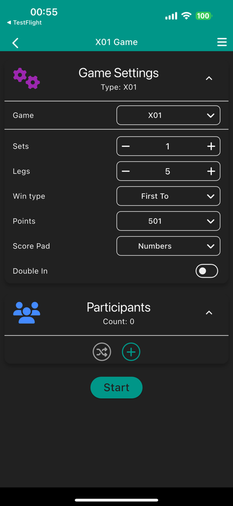 Darts Scoreboard App - Schermata delle impostazioni di gioco dell'app segnapunti freccette per il formato X01