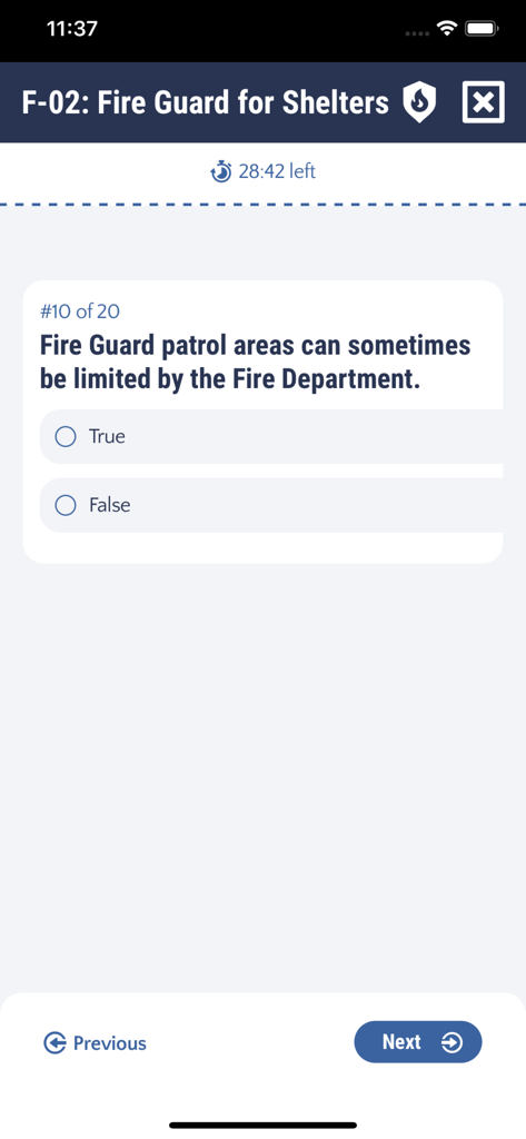 A true or false practice question from the F-02 Fire Guard for Shelters exam preparation app