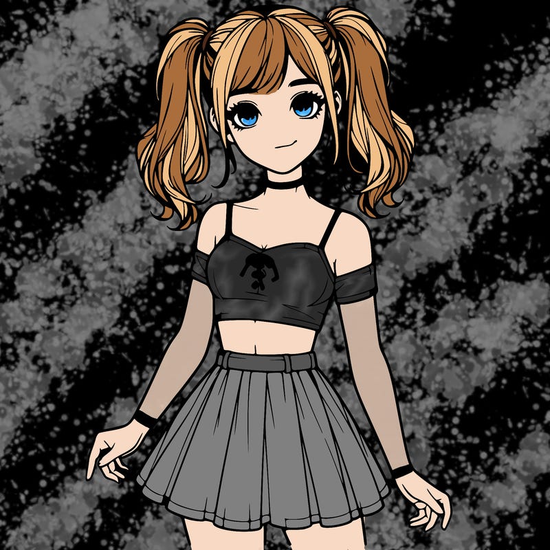realistic girl in a skirt crop top and pigtails